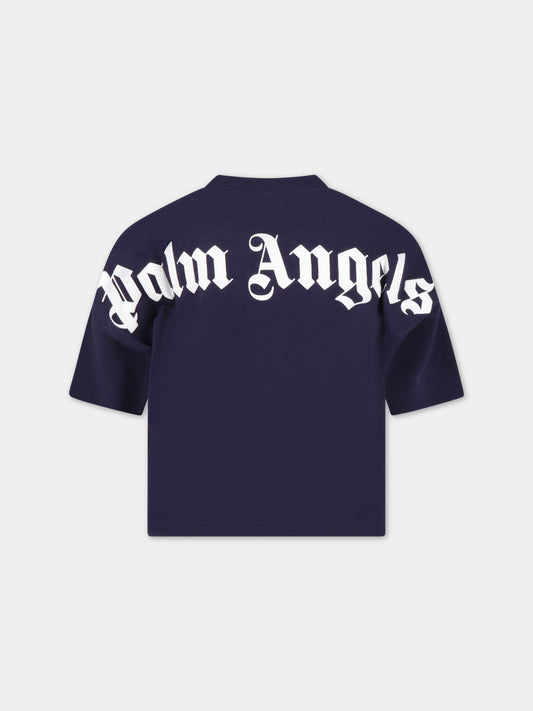 T-shirt blu per bambino con logo bianco,Palm Angels,PBAA002C99JER0014601