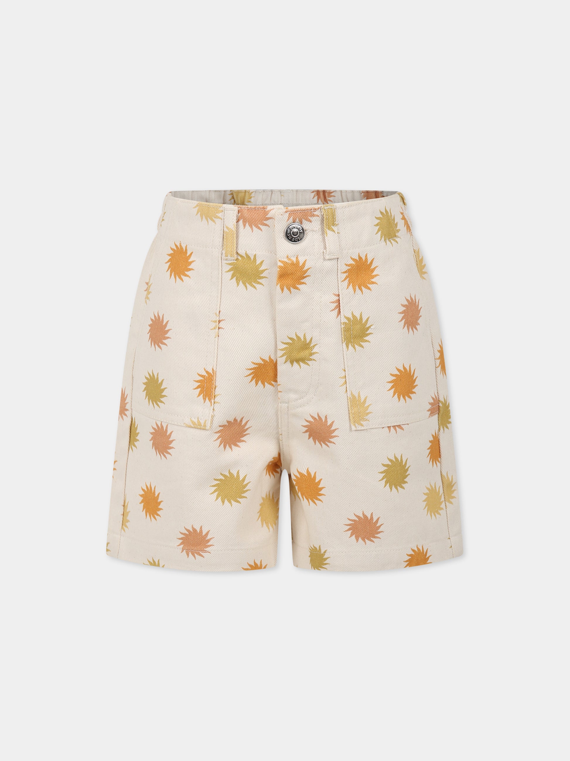 Shorts beige per bambini con stampa sole,The New Society,S23 K DN07 TRAMONTO