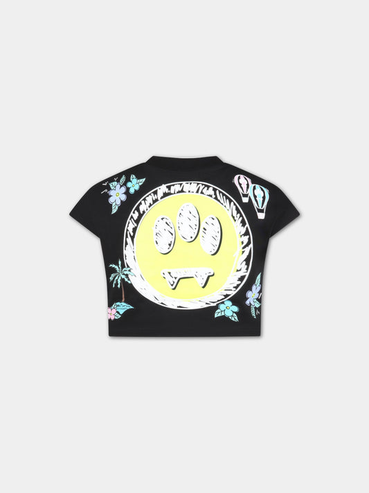 T-shirt nera corta per bambina con smile e fiori,Barrow,033050 110