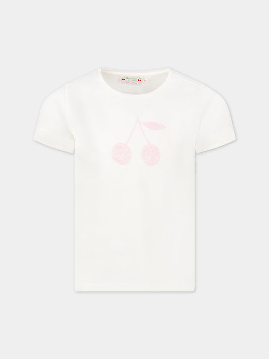 T-shirt bianca per bambina con ciliegie,Bonpoint,S03GTSK00105 102