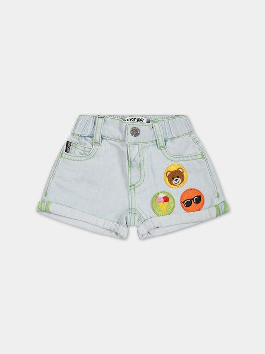 Shorts celesti per neonato con patch e logo,Moschino Kids,MUQ00Q L0E12 40213