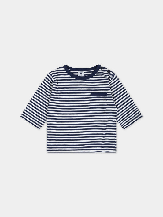 T-shirt multicolor a righe per neonato con logo,Petit Bateau,A0727 MEDIEVAL/MARSHMALLOW