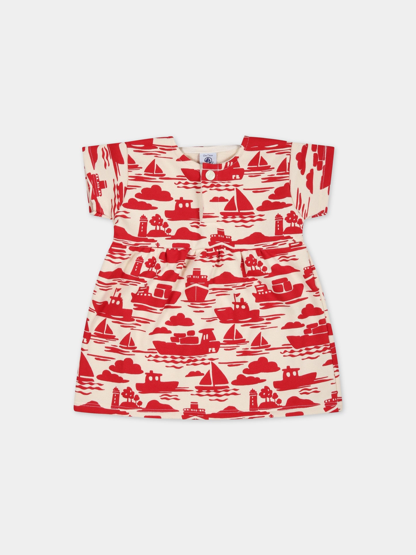 Vestito beige per neonata con navi rosse,Petit Bateau,A0782 AVALANCHE/ROUGE
