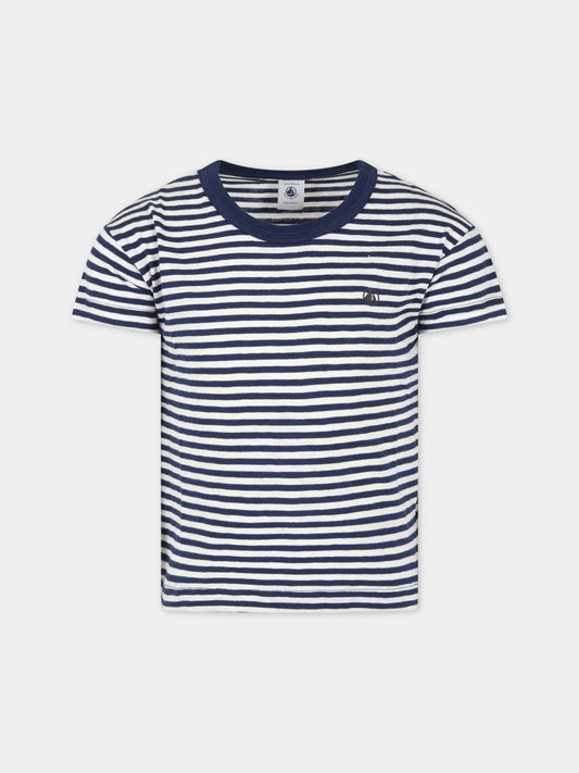 T-shirt multicolor a righe per bambino con logo,Petit Bateau,A06XM MEDIEVAL/MARSHMALLOW