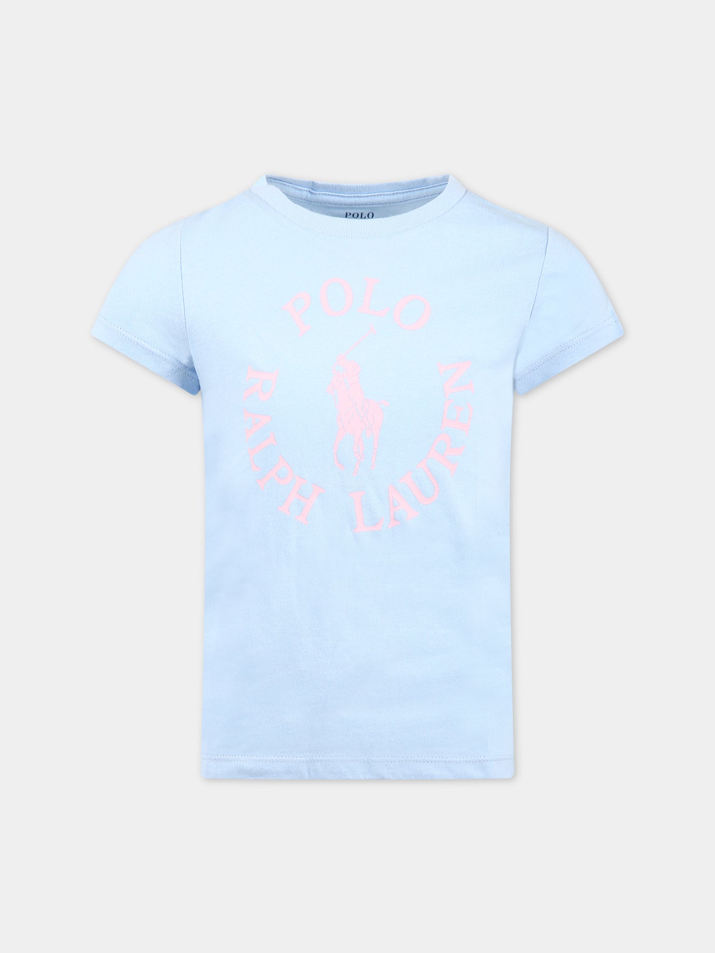 T-shirt celeste per bambina con logo e iconico cavallino,Ralph Lauren Kids,903863001