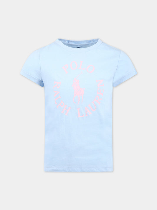 T-shirt celeste per bambina con logo e iconico cavallino,Ralph Lauren Kids,903863001