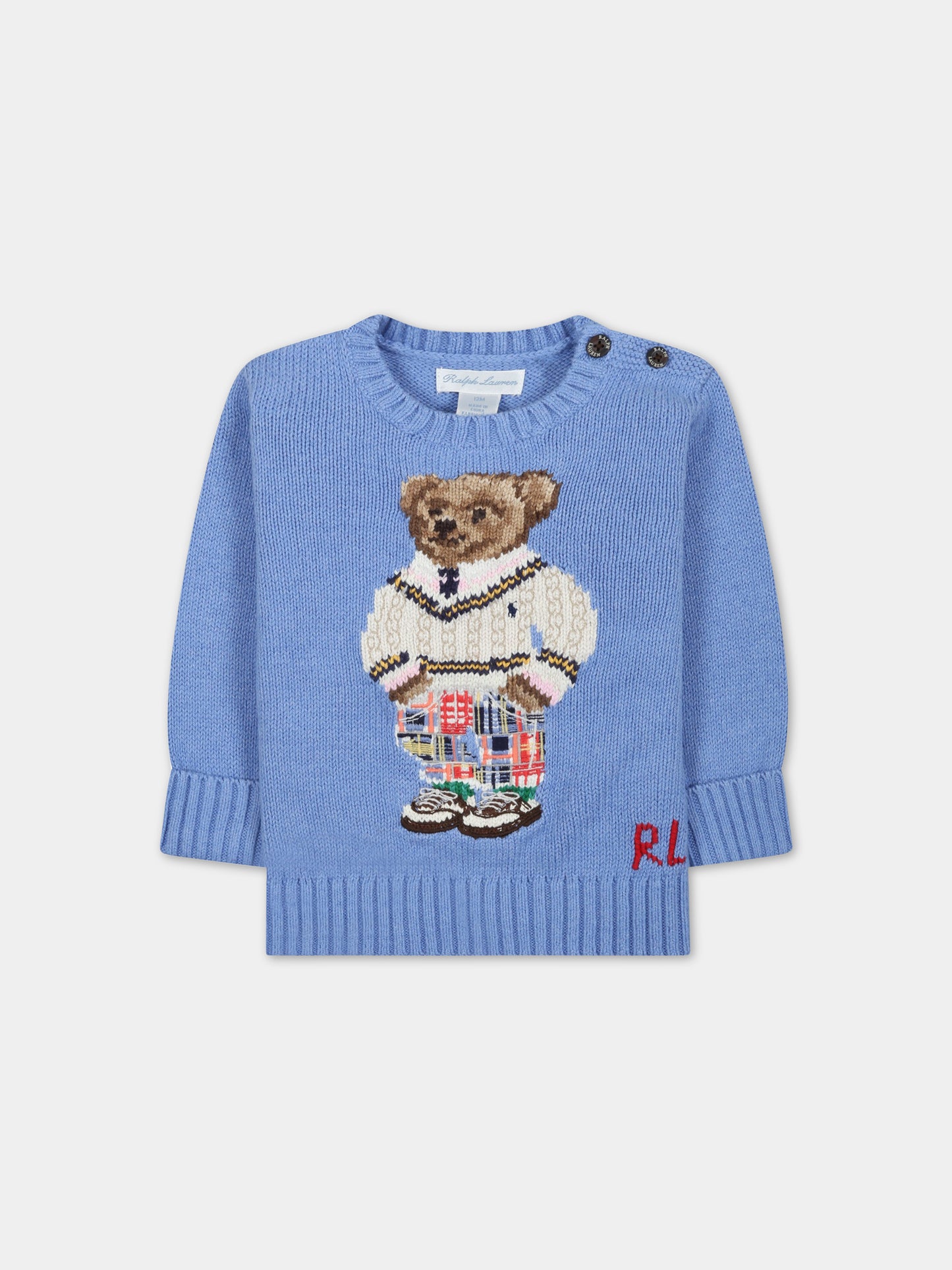 Maglione celeste per neonato con orso e logo,Ralph Lauren Kids,900999001
