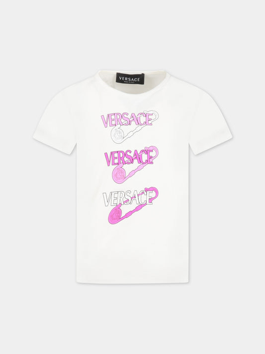 T-shirt bianca per bambina con loghi e Spille Safety,Versace,1009092 1A06482 2W070