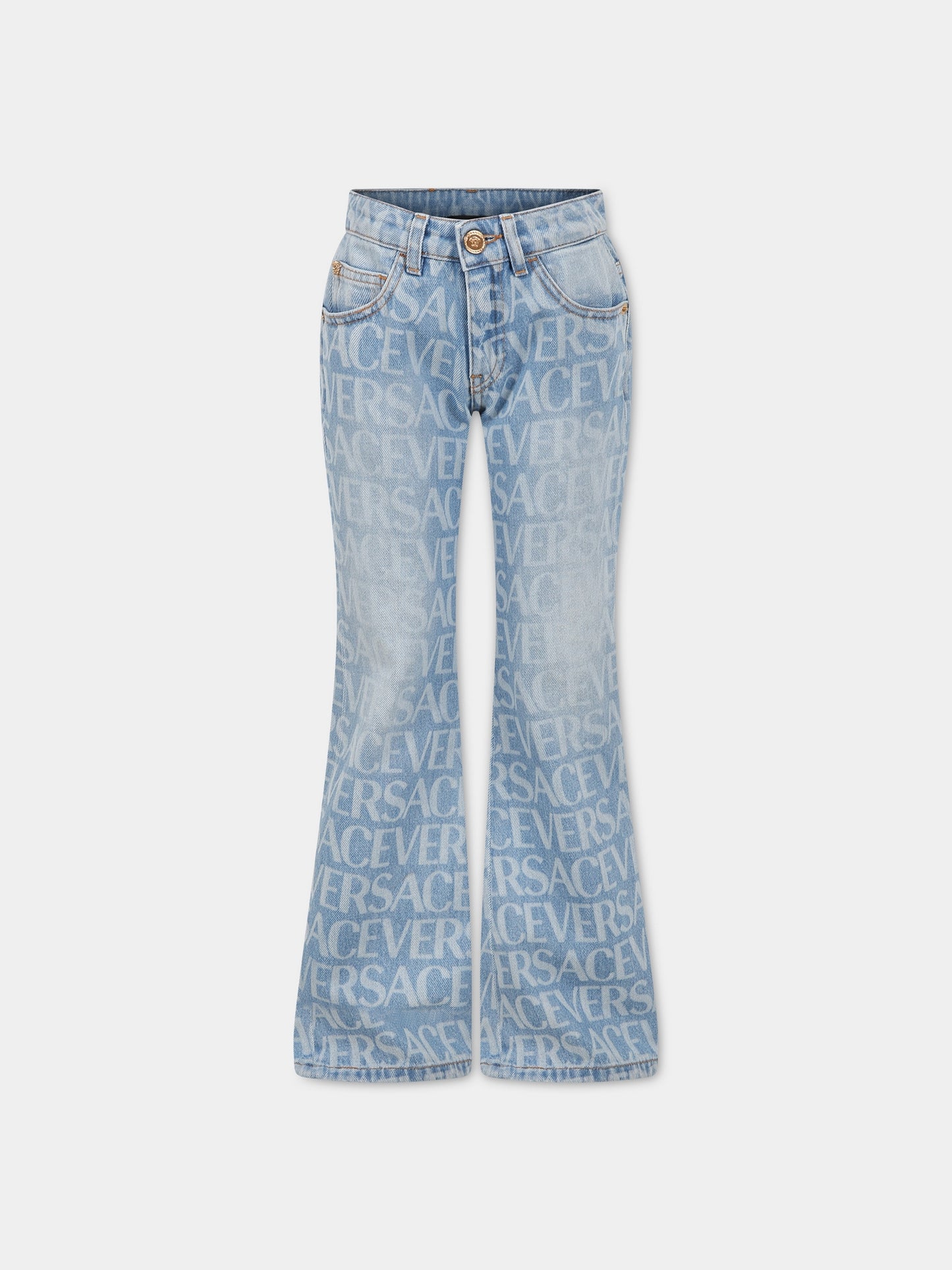 Jeans celeste per bambina con stampa logo,Versace,1000583 1A06524 1D450