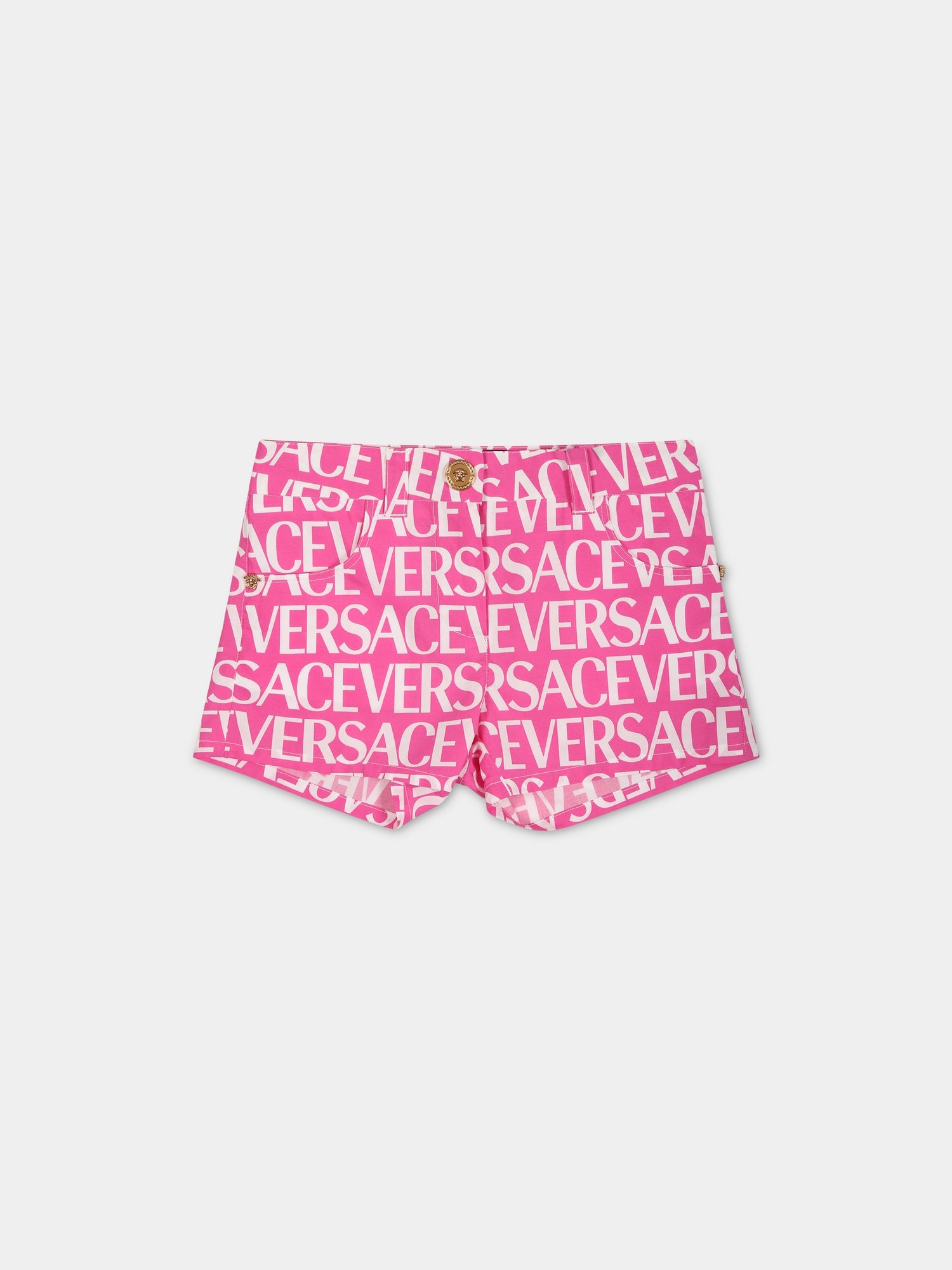 Shorts fucsia per neonata con stampa logo,Versace,1009110 1A05244 5P110