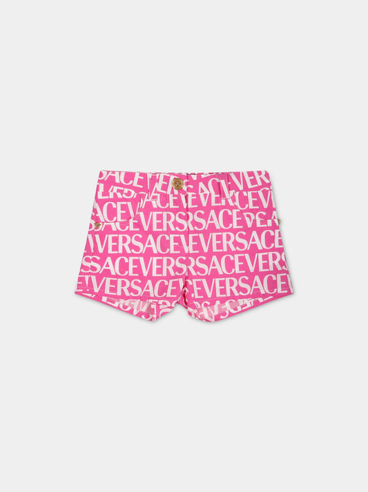 Shorts fucsia per neonata con stampa logo,Versace,1009110 1A05244 5P110