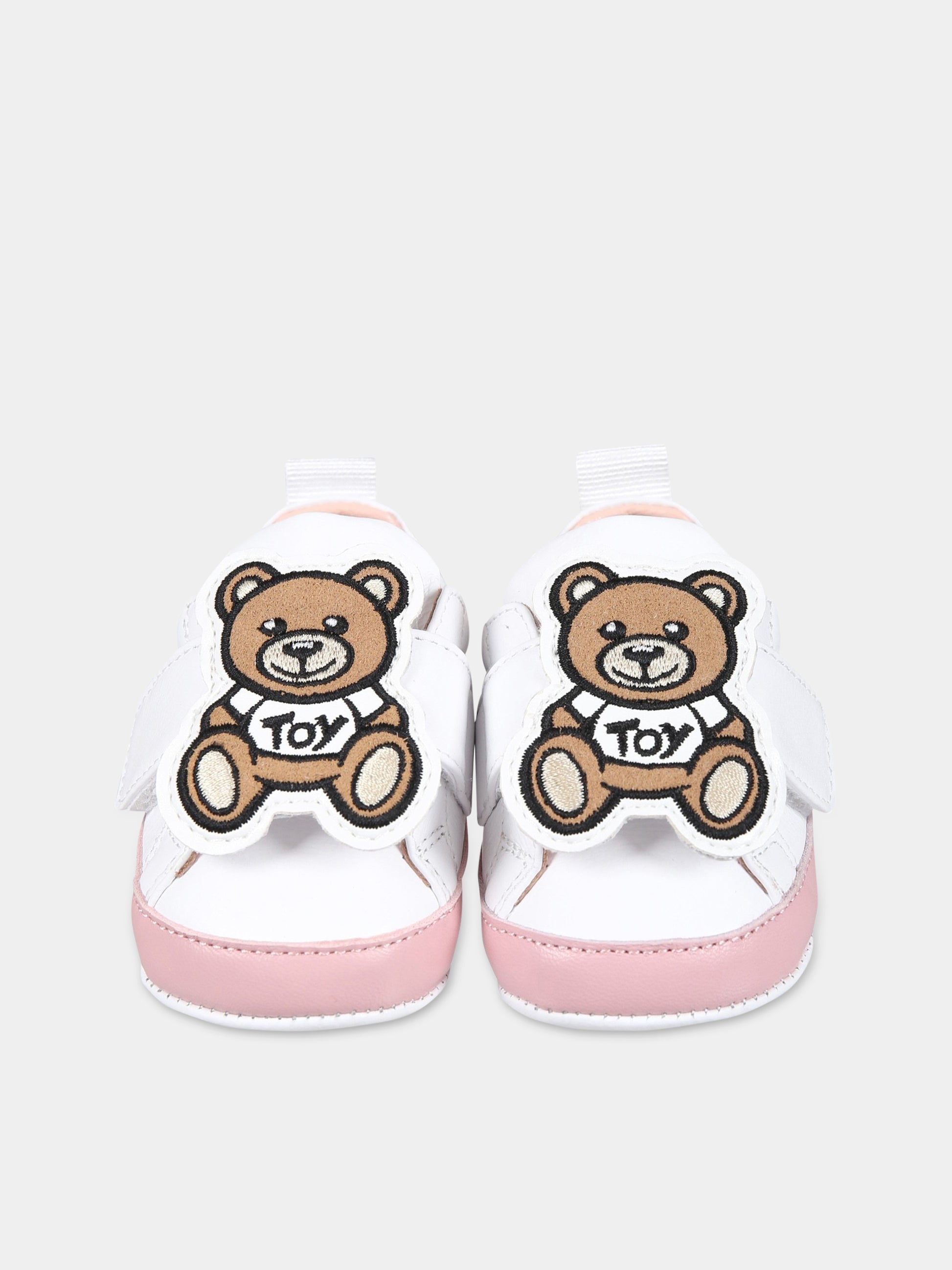 Sneakers bianche per neonata con logo e Teddy Bear,Moschino Kids,74270 1