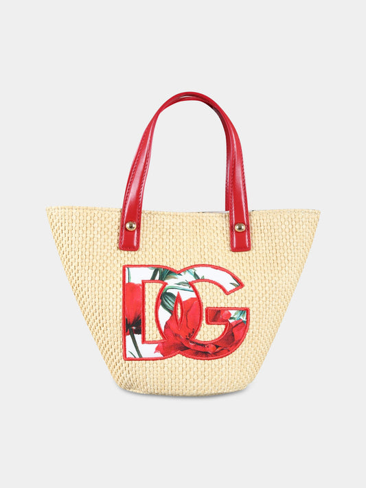 Borsa beige per bambina con logo e papaveri,Dolce & Gabbana Kids,EB0054 AZ806 HA3VN