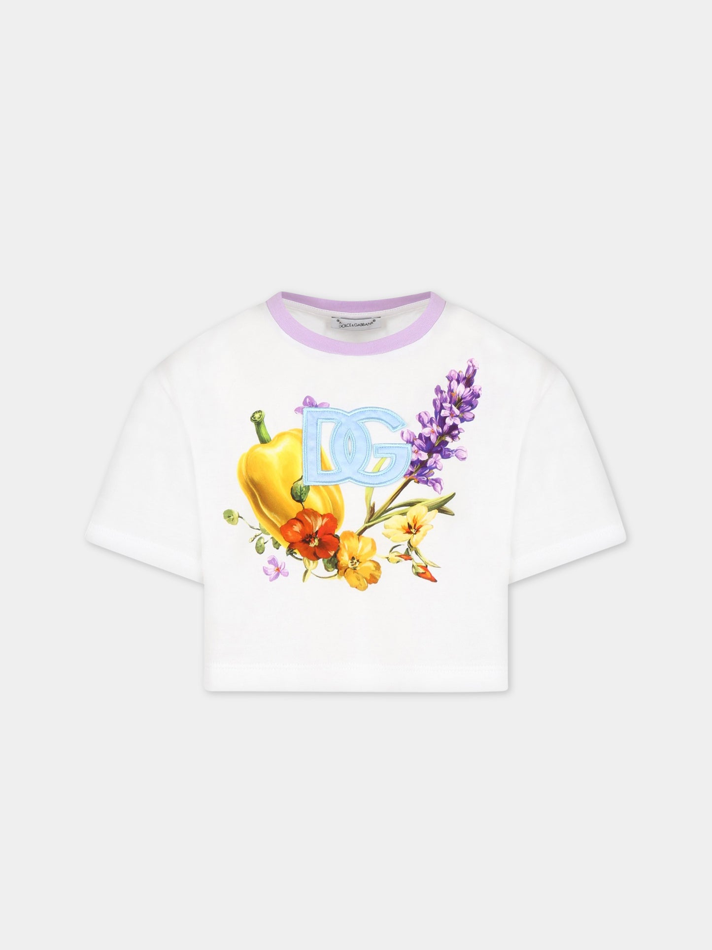 T-shirt bianca per bambina con fiori e iconico logo,Dolce & Gabbana Kids,L5JTHY G7I0Y HW4NK