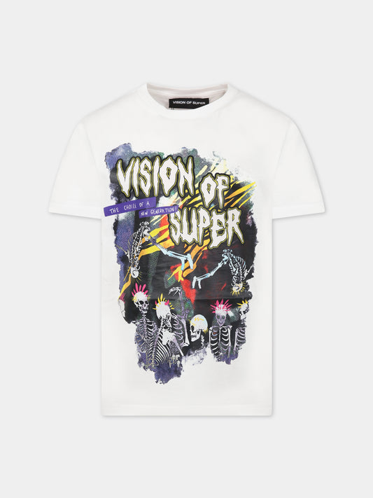T-shirt bianca per bambino con scritta  Vision of Super  e stampa,Vision Of Super,TSV3106J BIANCO