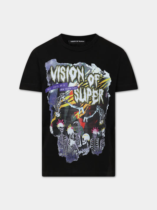 T-shirt nera per bambino con scritta  Vision of Super  e stampa,Vision Of Super,TSV3106J NERO
