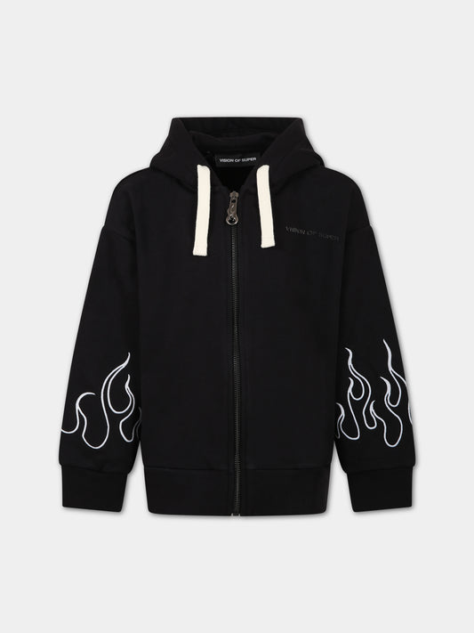 Felpa nera per bambino con fiamme e logo,Vision Of Super,MFV3100J BIANCO