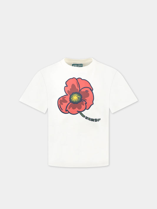 T-shirt bianca per bambina con iconico papavero rosso e logo,Kenzo Kids,K15669 189