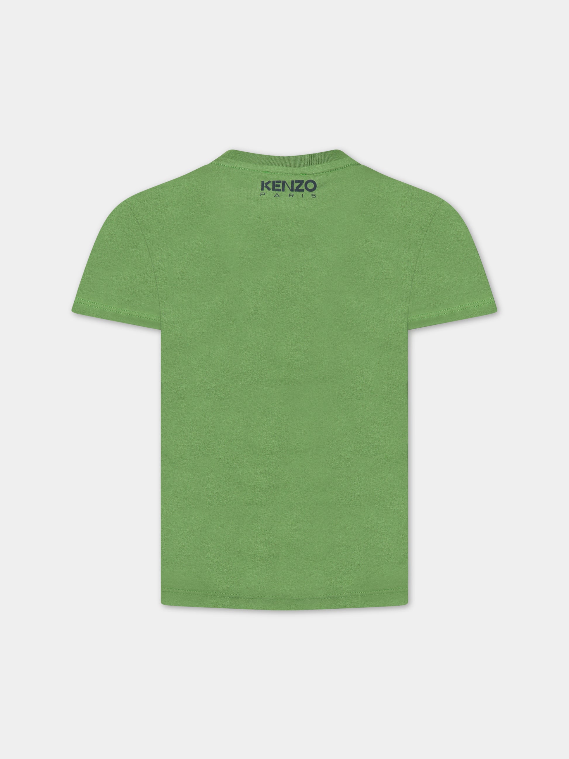 T-shirt verde per bambino con iconico papavero blu e logo,Kenzo Kids,K25809 64M