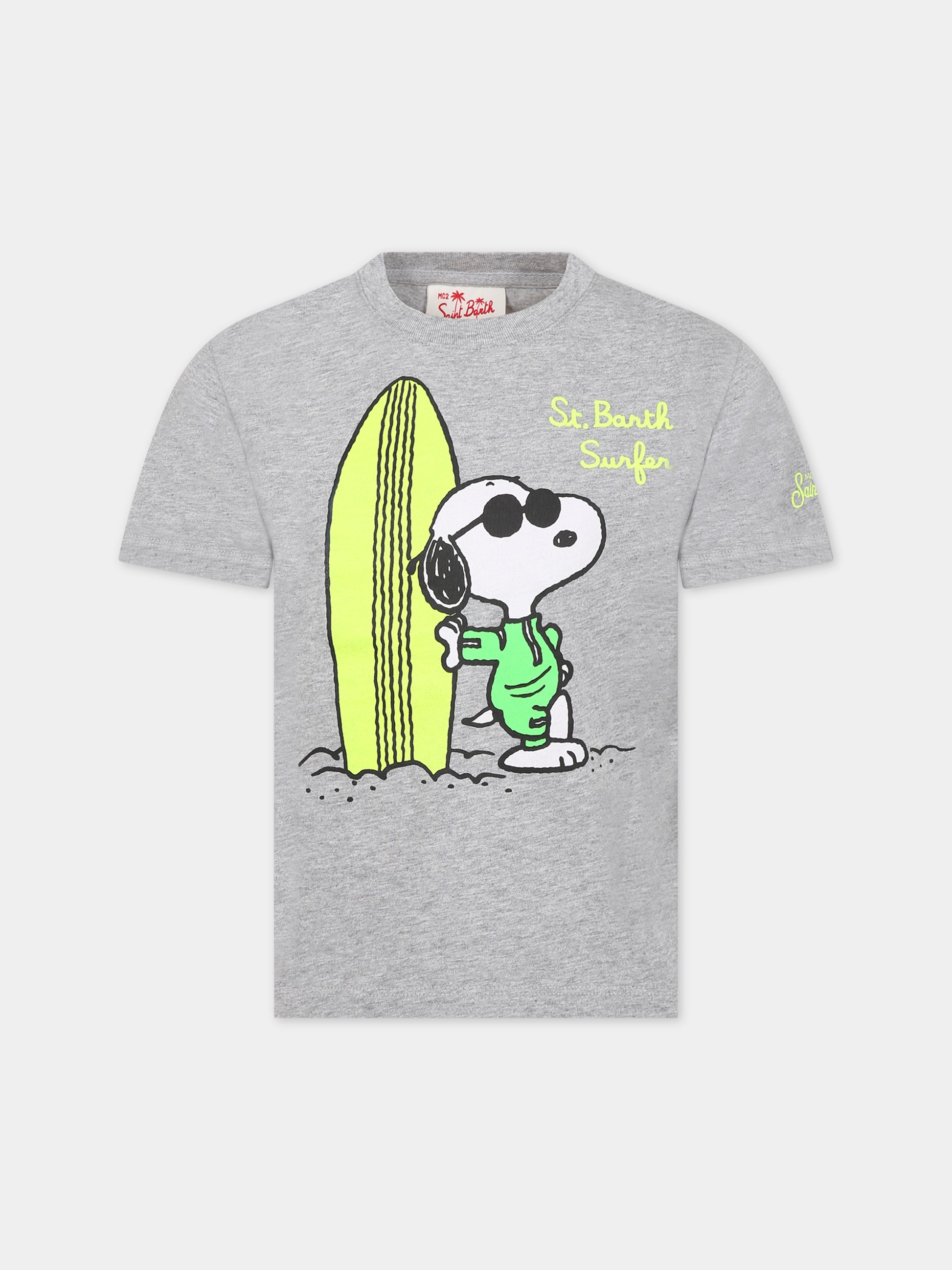 T-shirt grigia per bambino con Snoopy e logo,Mc2 Saint Barth,TSHIRT BOY SURFER CL SNOOPY 15M EMB