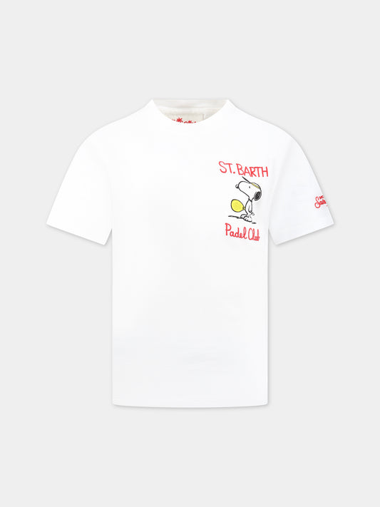 T-shirt bianca per bambino con Snoopy e logo,Mc2 Saint Barth,TSHIRT BOY SNOOPY PADEL 01N EMB