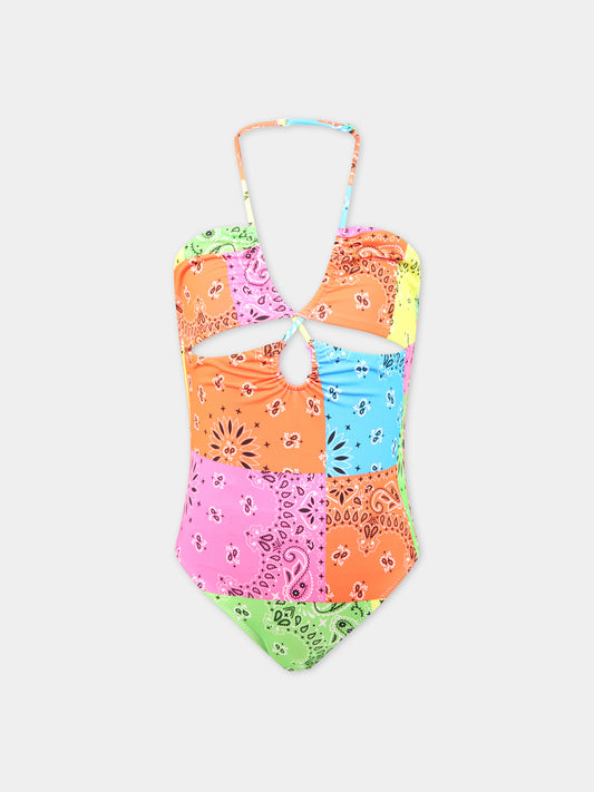 Costume multicolor per bambina con stampa bandana e logo,Mc2 Saint Barth,KINSLEY JR BANDANNA ROUND FLUO COL