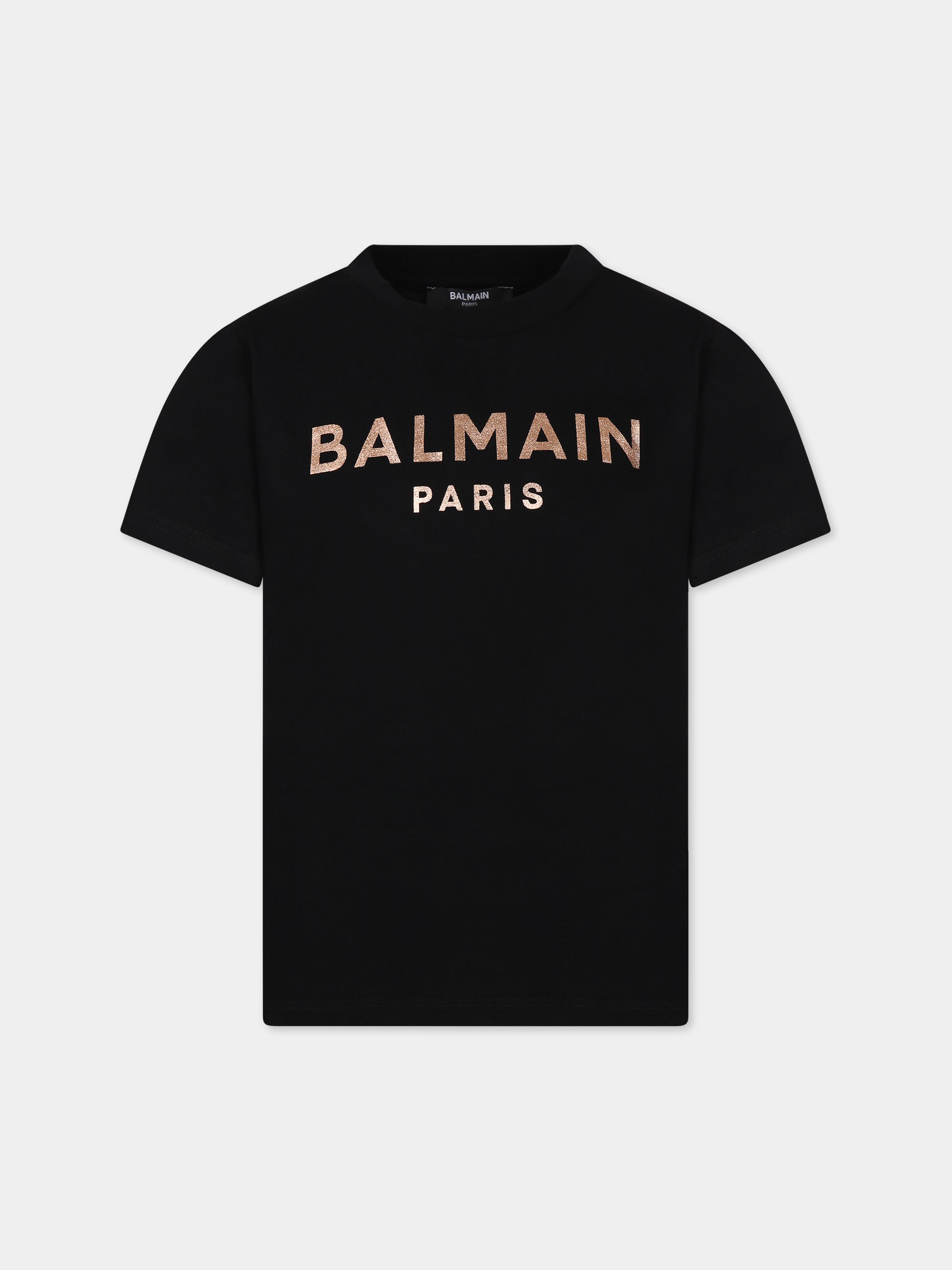 T-shirt nera con iconico logo metallizzato per bambina,Balmain Kids,BT8A81 Z0057 930