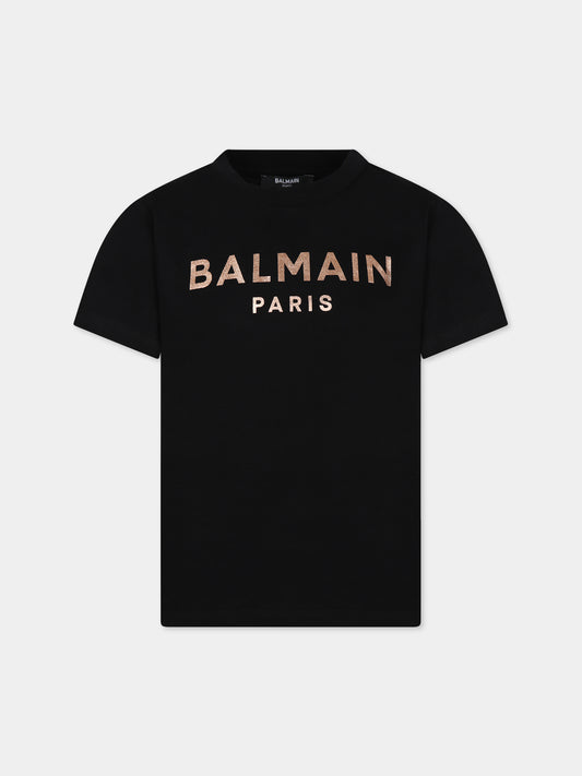 T-shirt nera con iconico logo metallizzato per bambina,Balmain Kids,BT8A81 Z0057 930