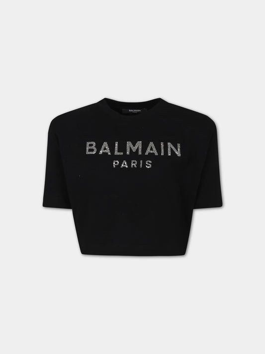 T-shirt nera per bambina con logo,Balmain Kids,BT8A71 Z0057 930