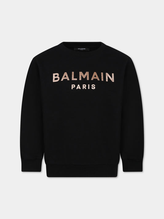 Felpa nera con iconico logo metallizzato per bambina,Balmain Kids,BT4A60 Z0001 930