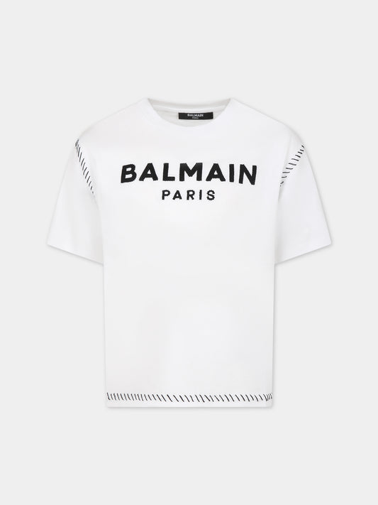 T-shirt bianca per bambini con logo,Balmain Kids,BT8Q11 Z0082 100NE