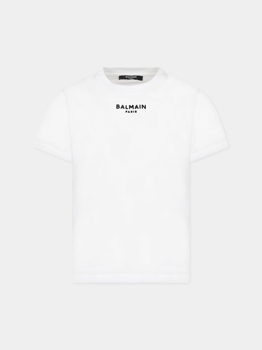 T-shirt bianca con iconico logo nero per bambini,Balmain Kids,BT8P11 Z0116 100NE