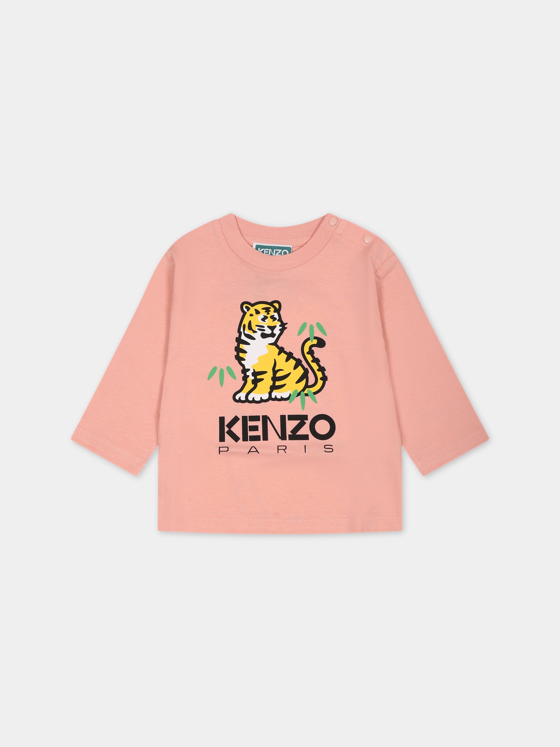 T-shirt rosa per neonata con tigre e logo,Kenzo Kids,K05512 43G