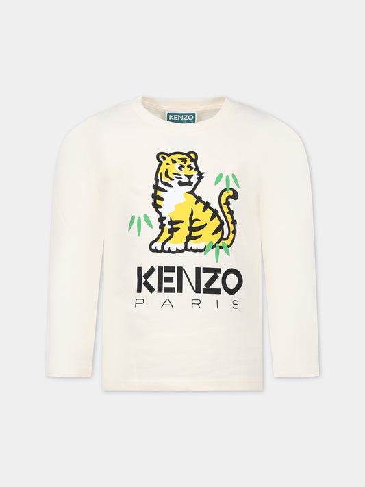 T-shirt bianca per bambini con tigre e logo,Kenzo Kids,K15705 121