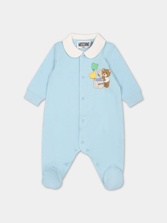Tutina celeste per neonato con Teddy Bear e stampa,Moschino Kids,MUT03I LCA40 40304