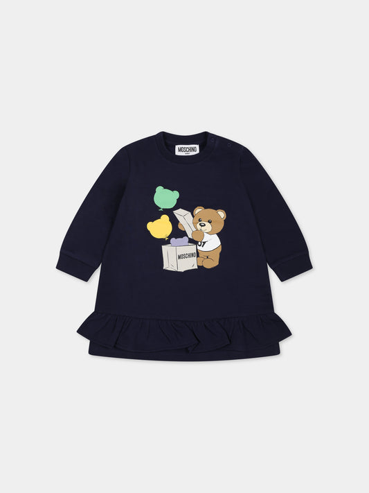 Vestito blu per neonata con Teddy Bear e stampa,Moschino Kids,MDV0AO LDA14 40016
