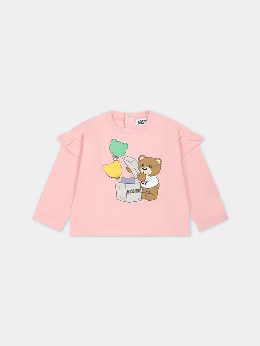 Felpa rosa per neonata con Teddy Bear e stampa,Moschino Kids,MDF02R LDA14 50209