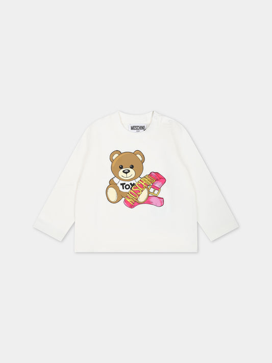 T-shirt bianca per neonata con Teddy Bear e logo,Moschino Kids,MAO00C LBA11 10063