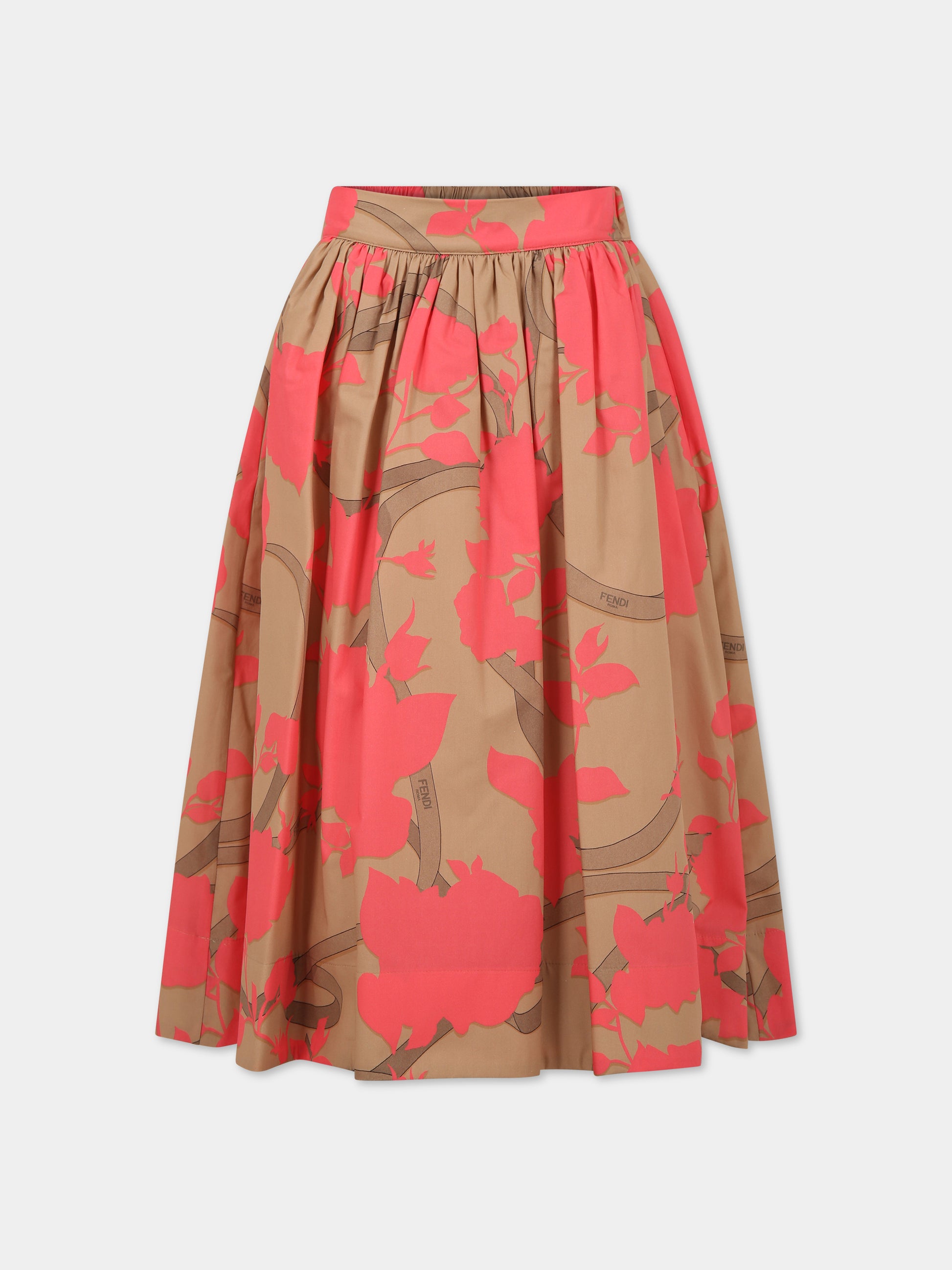 Gonna beige per bambina con stampa floreale e logo,Fendi Kids,JFE105 AMIA F1K9Y