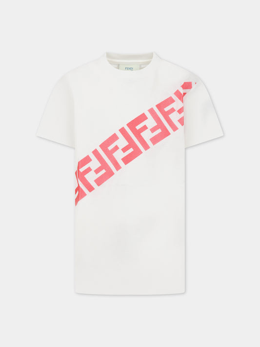 T-shirt bianca per bambini con doppia F,Fendi Kids,JFI292 7AJ F1LTW