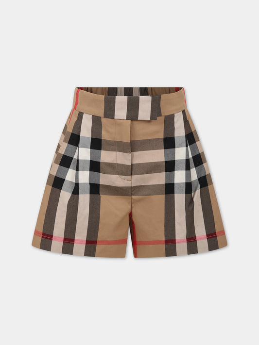 Shorts beige per bambina con check vintage,Burberry Kids,8068450