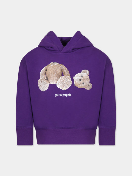 Felpa viola per bambini con orso e logo,Palm Angels,PBBB003C99FLE0013760