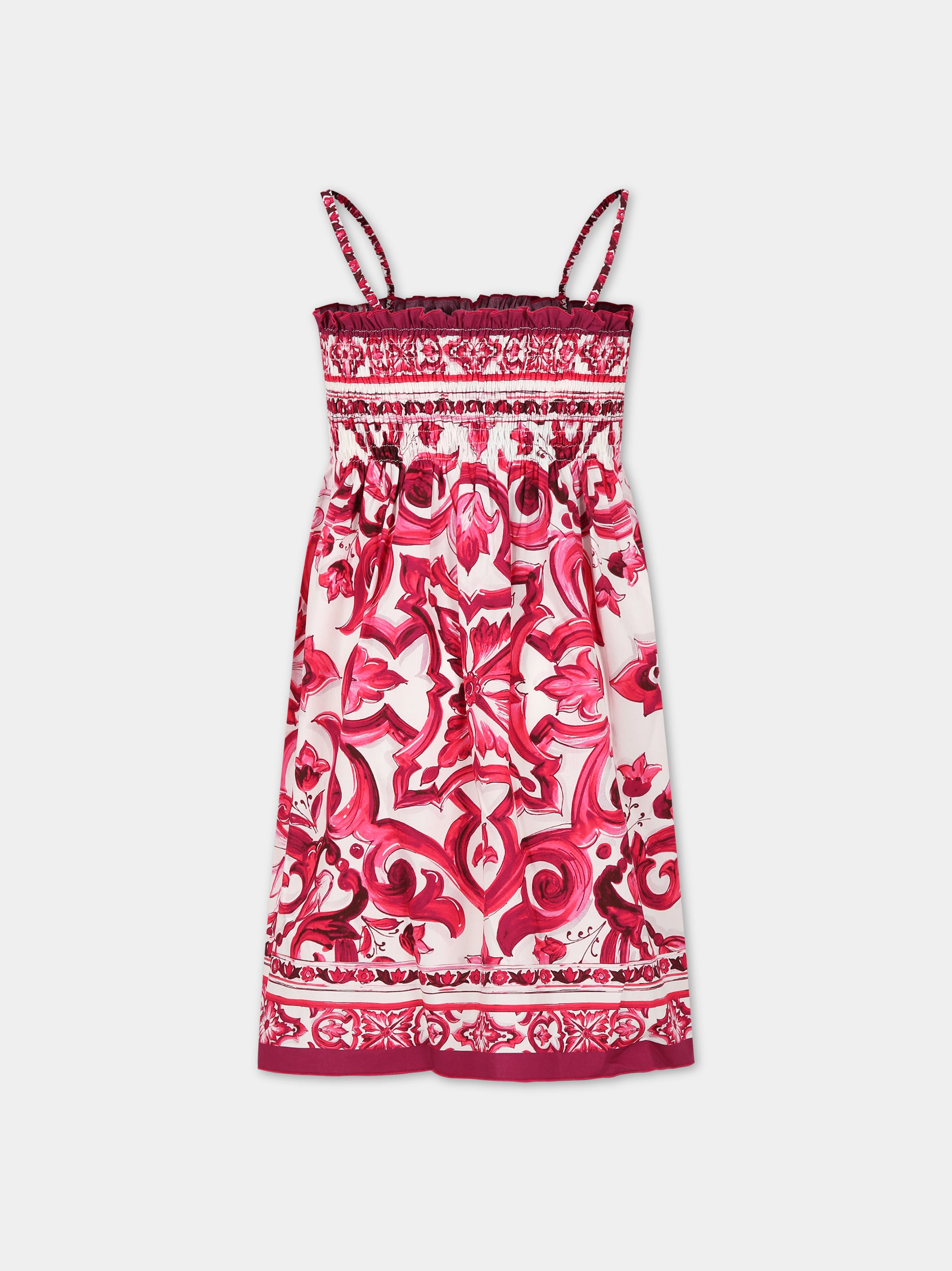 Vestito bianco per bambina con iconiche maioliche e logo,Dolce & Gabbana Kids,L53DM9 G7J6K HE3TN