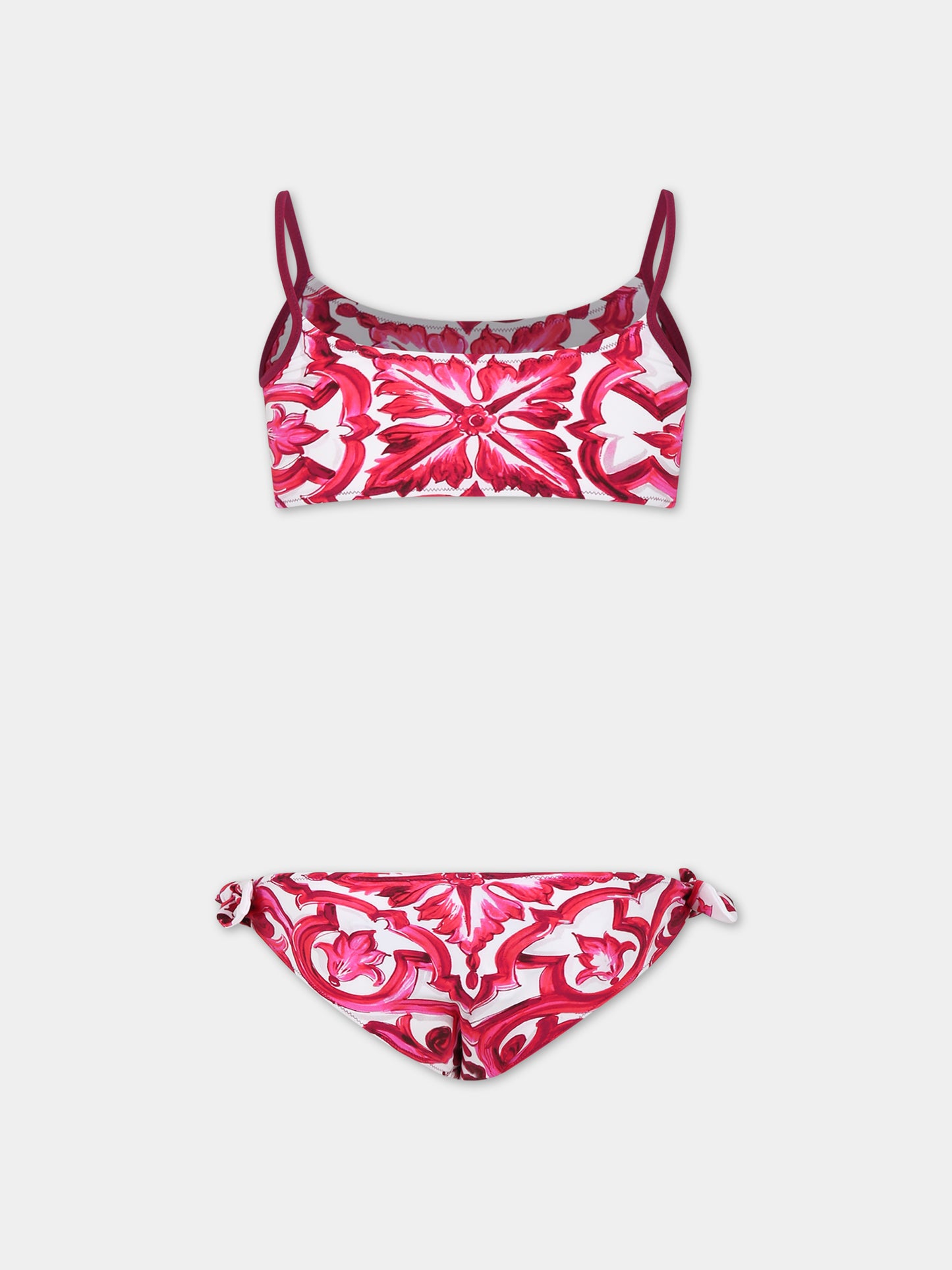Bikini bianco per bambina con stampa maioliche,Dolce & Gabbana Kids,L5J829 G7J5H HE3TN