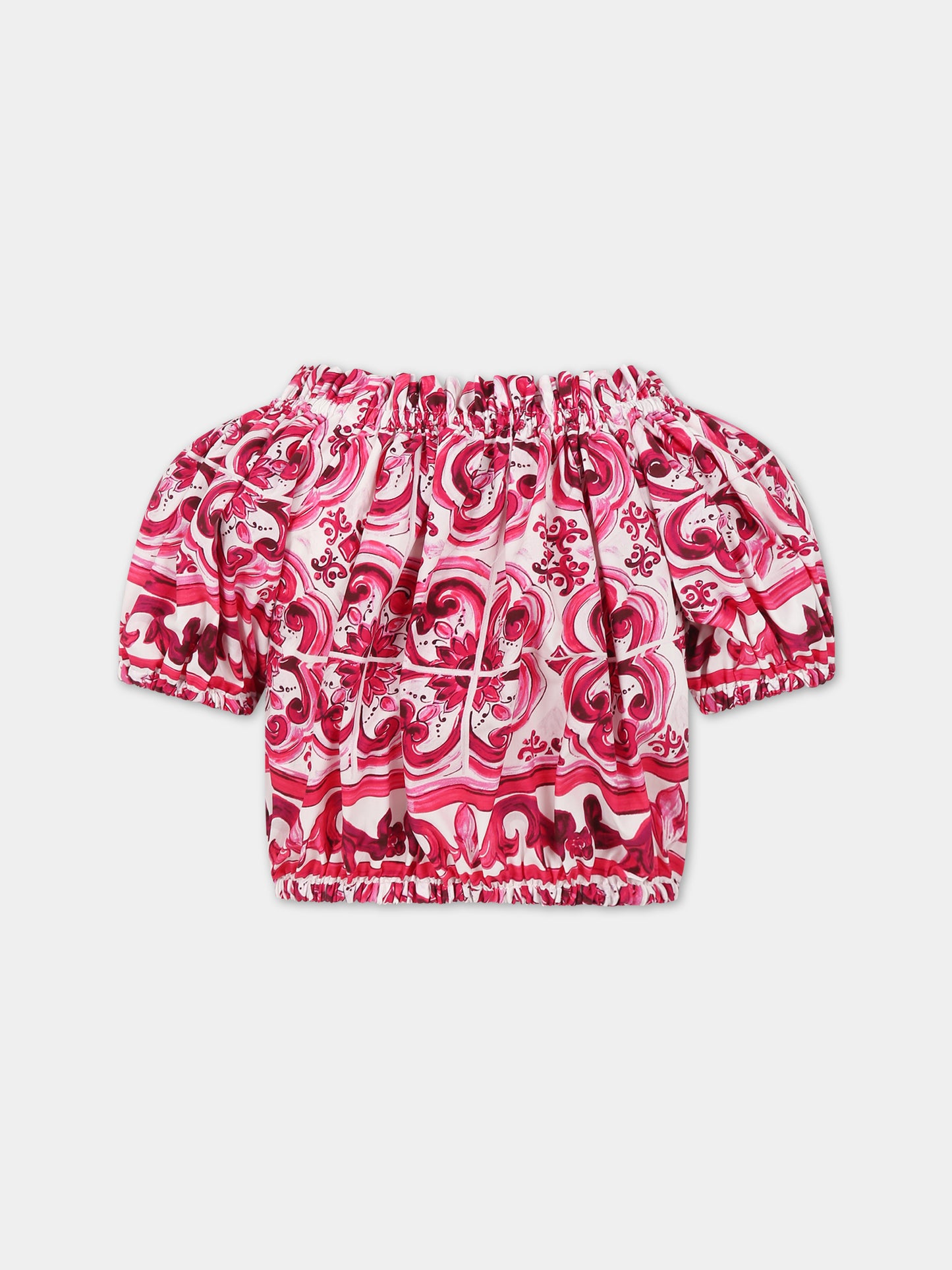 Top fucsia per bambina con stampa maioliche,Dolce & Gabbana Kids,L55S67 G7EY3 HE3TN