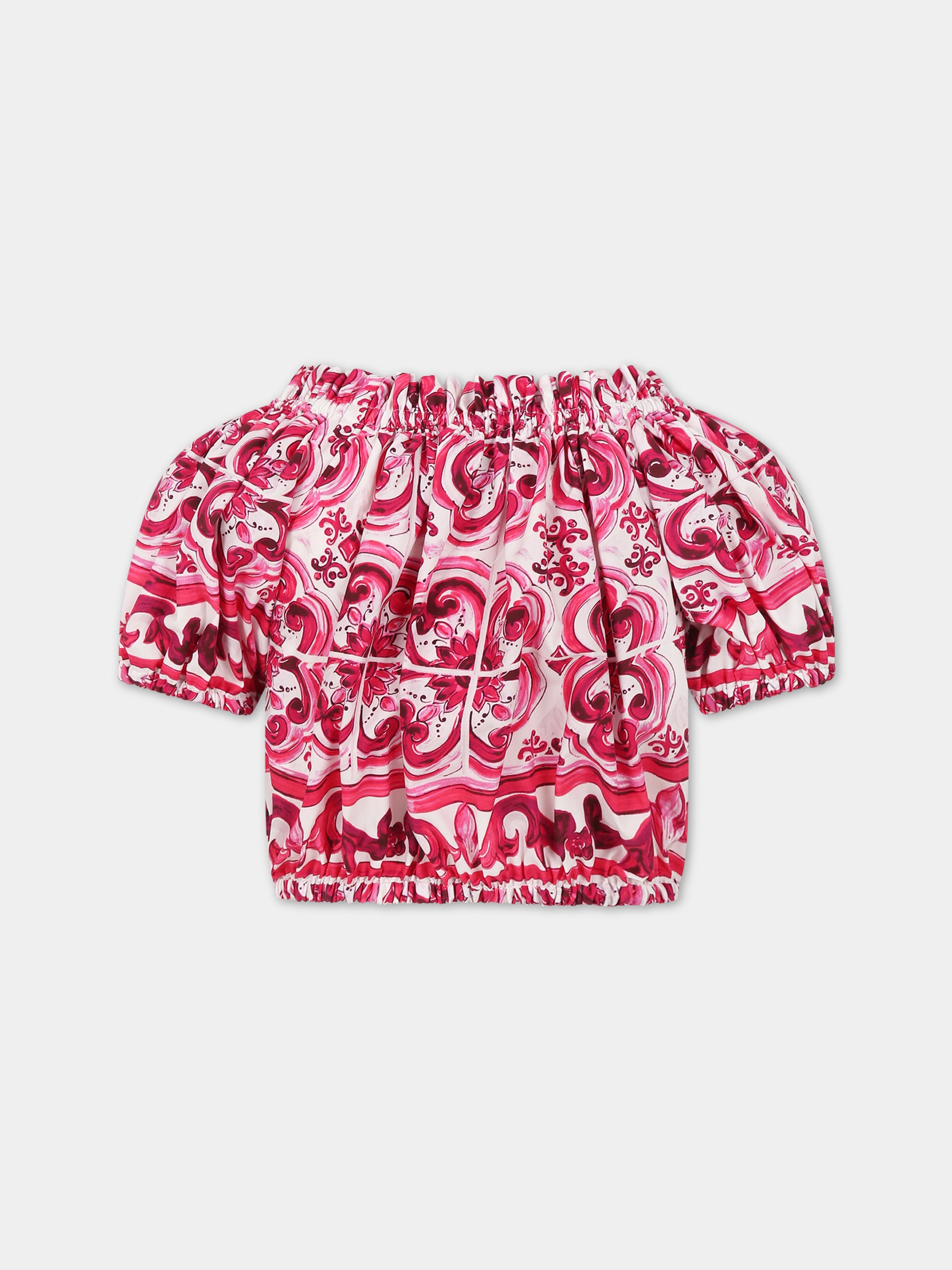 Top fucsia per bambina con stampa maioliche,Dolce & Gabbana Kids,L55S67 G7EY3 HE3TN