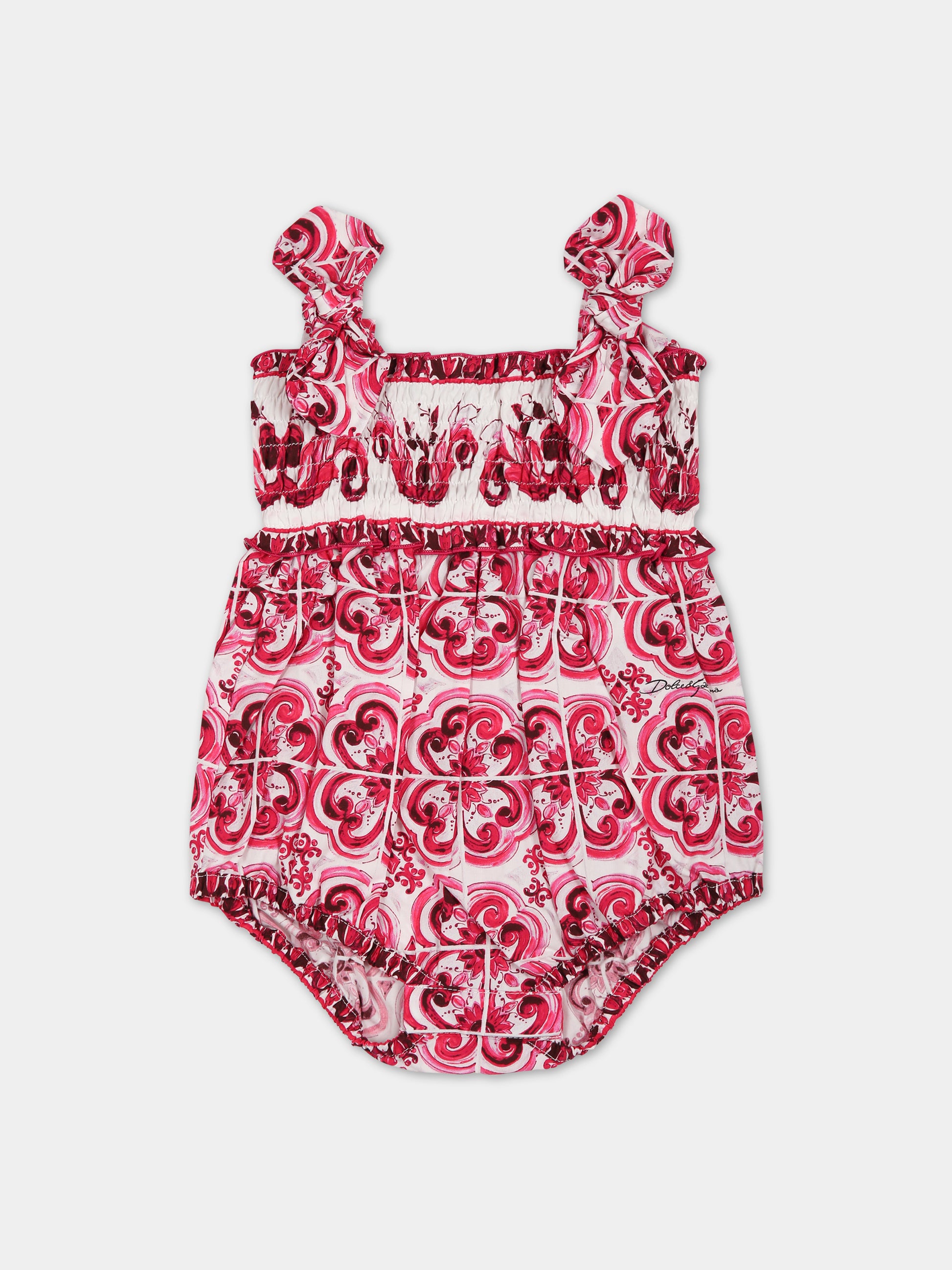 Pagliaccetto fucsia per neonata con stampa maioliche,Dolce & Gabbana Kids,L21O84 G7EX8 HE3TN