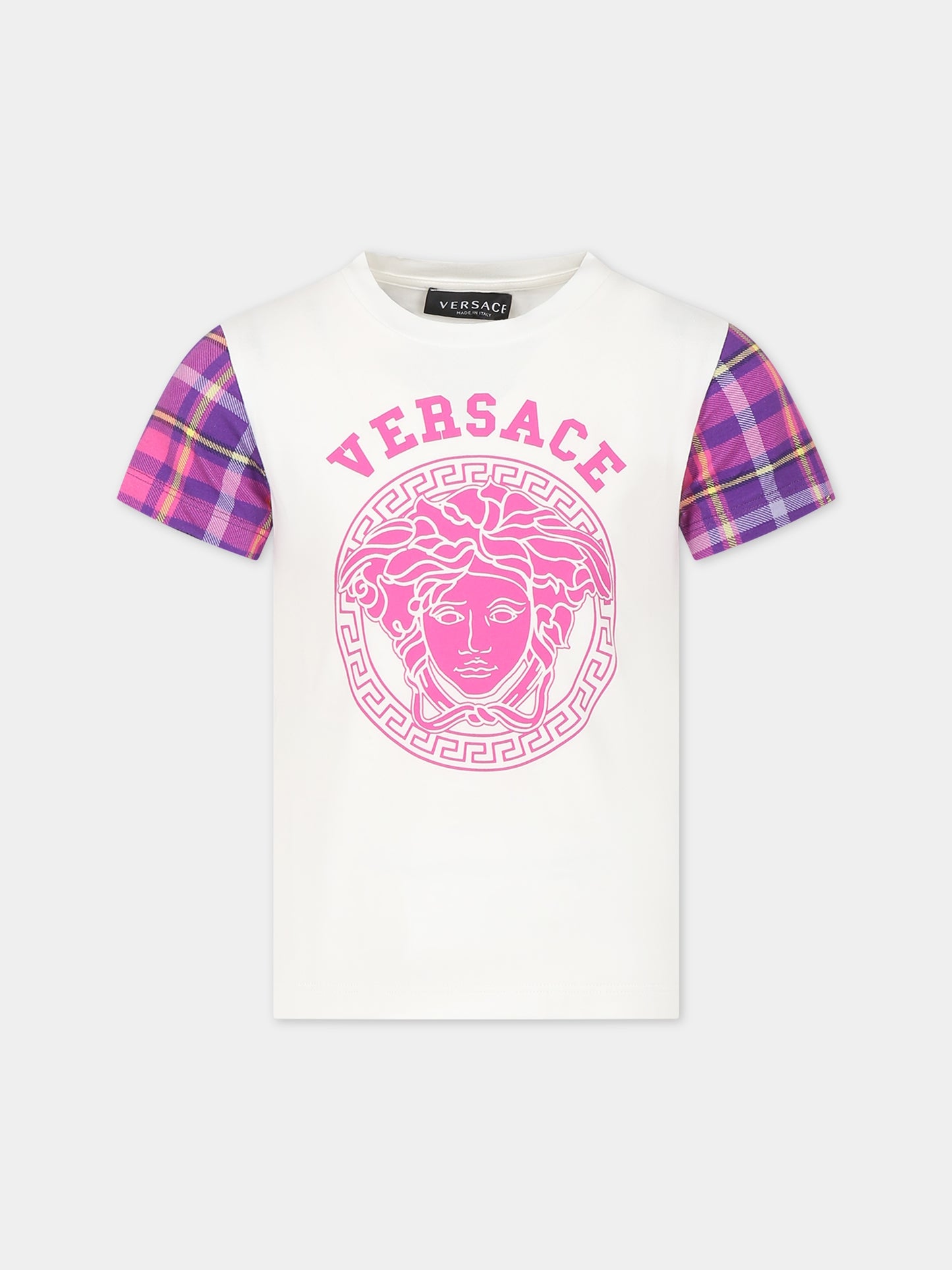 T-shirt bianca per bambina con Medusa e logo,Versace,1000052 1A08432 6WB00