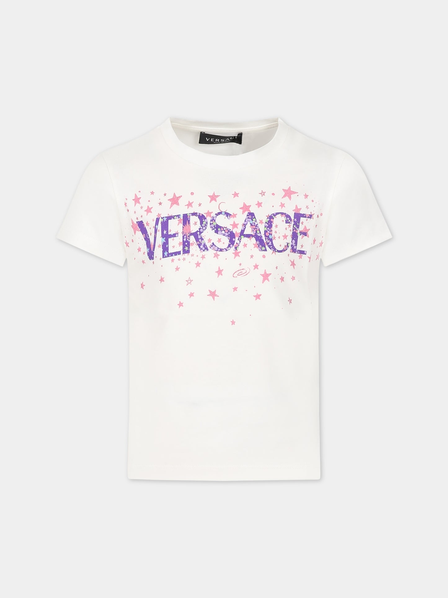 T-shirt bianca per bambina con stelle e logo,Versace,1000052 1A07217 2W070