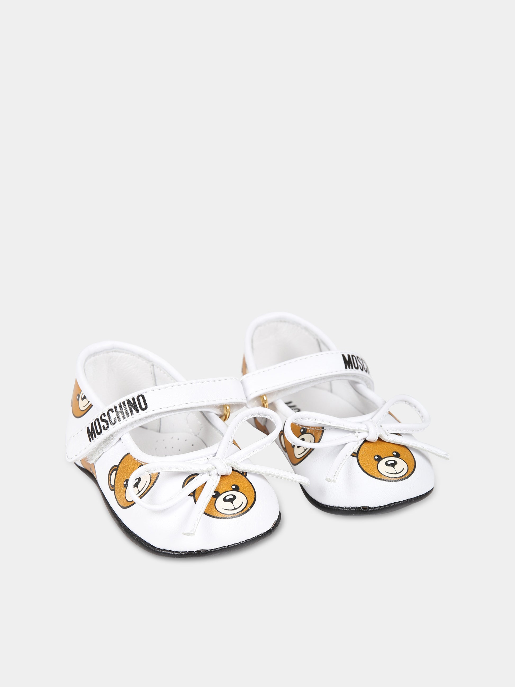Ballerine bianche per neonata con logo e Teddy Bear,Moschino Kids,75802 1